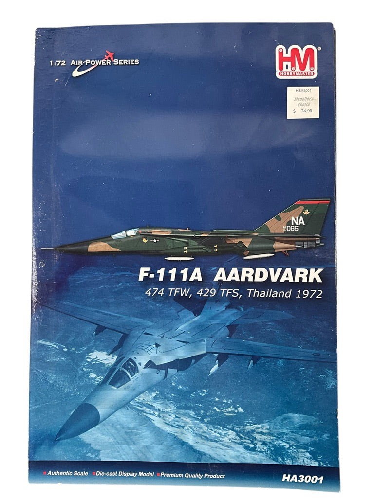 1/72 Hobbymaster (HA3001) General Dynamics F111A Aardvark (AF67-065) "Operation Linebacker" 1972 Takhli RTAFB Thailand, 474 TFW, 429 TFS Black Falcons, U.S.A.F. (Limited Edition of 3500) 2010 Release