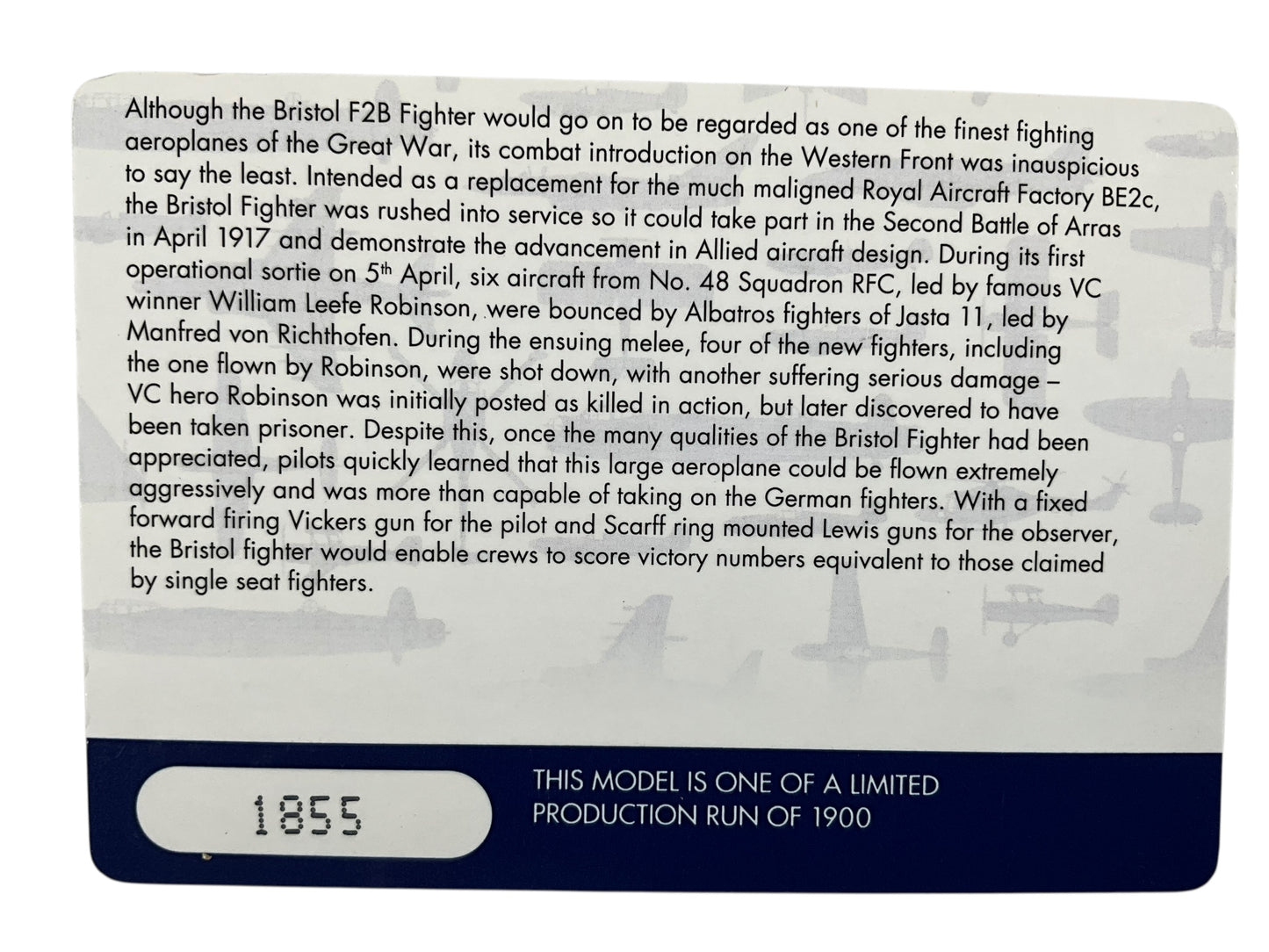 1/48 CORGI (AA28801) BRISTOL F2B FIGHTER (D-8063) - Royal Flight - William George "Billy" Barker - Villavera, Italy Sept 1918 - No. 139 Sqdn - ROYAL AIRFORCE (LIMTED EDITION #1855 of ONLY 1900)