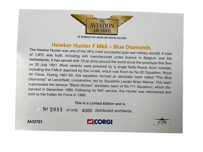 1/72 Corgi (AA32701) Hawker Hunter F Mk.6 flown by S/L Brian Mercer of the "Blue Diamonds" at  Leconfield, Lincolnshire 1961-62, 92 Sqdn R.A.F. (Limited Edition #2081 of Only 4000)