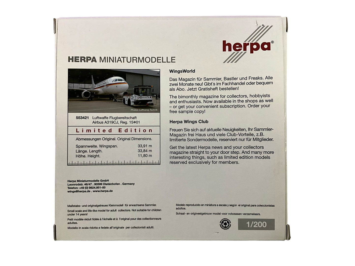 1/200 Herpa (HE553421) AIRBUS A319CJ (15-01) Flugbereitschaft - Deutsche Bundes Luftwaffe