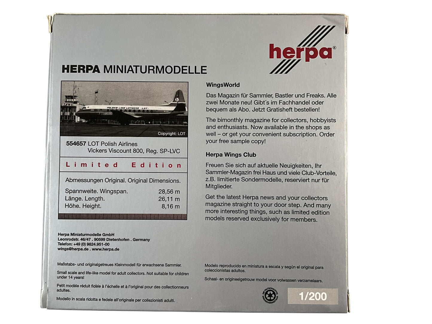 1/200 HERPA (HE554657) Vickers Viscount V804 (SP-LVC) LOT Polish Airlines 1962-1967