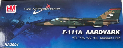 1/72 Hobbymaster (HA3001) General Dynamics F111A Aardvark (AF67-065) "Operation Linebacker" 1972 Takhli RTAFB Thailand, 474 TFW, 429 TFS Black Falcons, U.S.A.F. (Limited Edition of 3500) 2010 Release