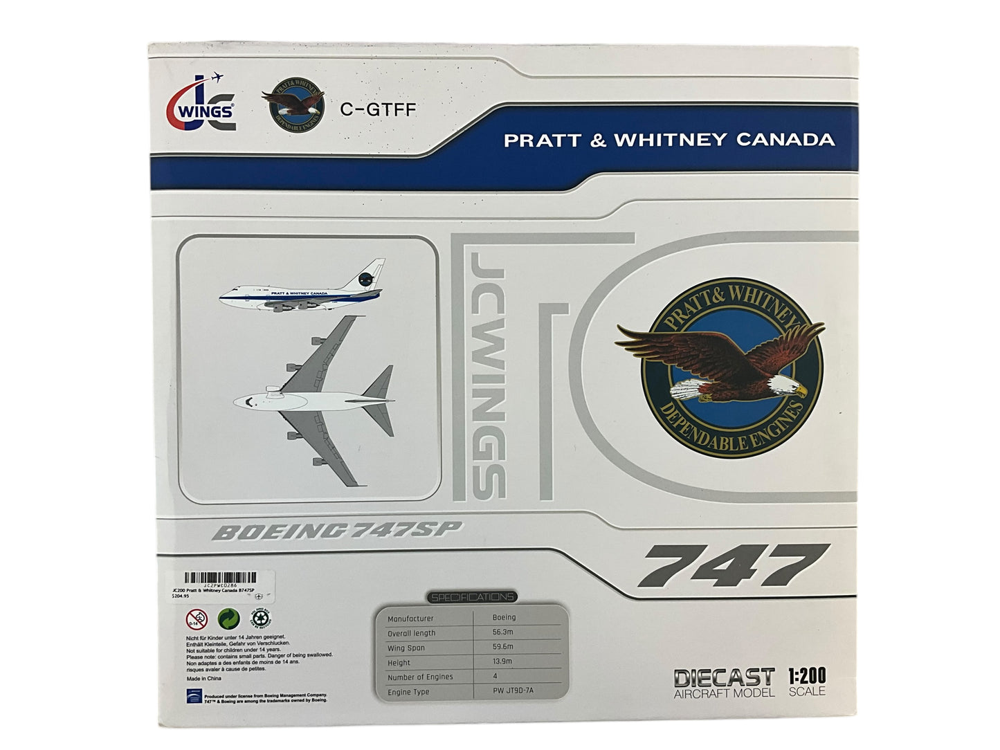 1/200 JC Wings (JCXX20286) Boeing B747SP (C-GTFF) P)ratt & Whitney Canada Engine Test Aircraft (Limited Edition)