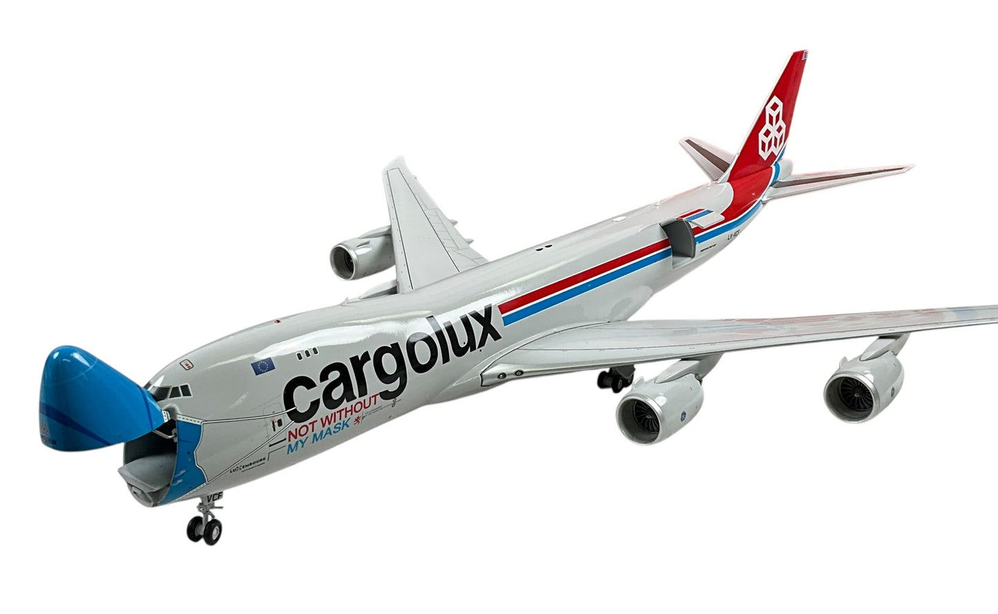 1/200 JC Wings (XX20079C) Boeing B747-8F (LX-VCF) "Not Without My Mask" (Interactive Series) Cargolux (Limited Edition) 2021 Release