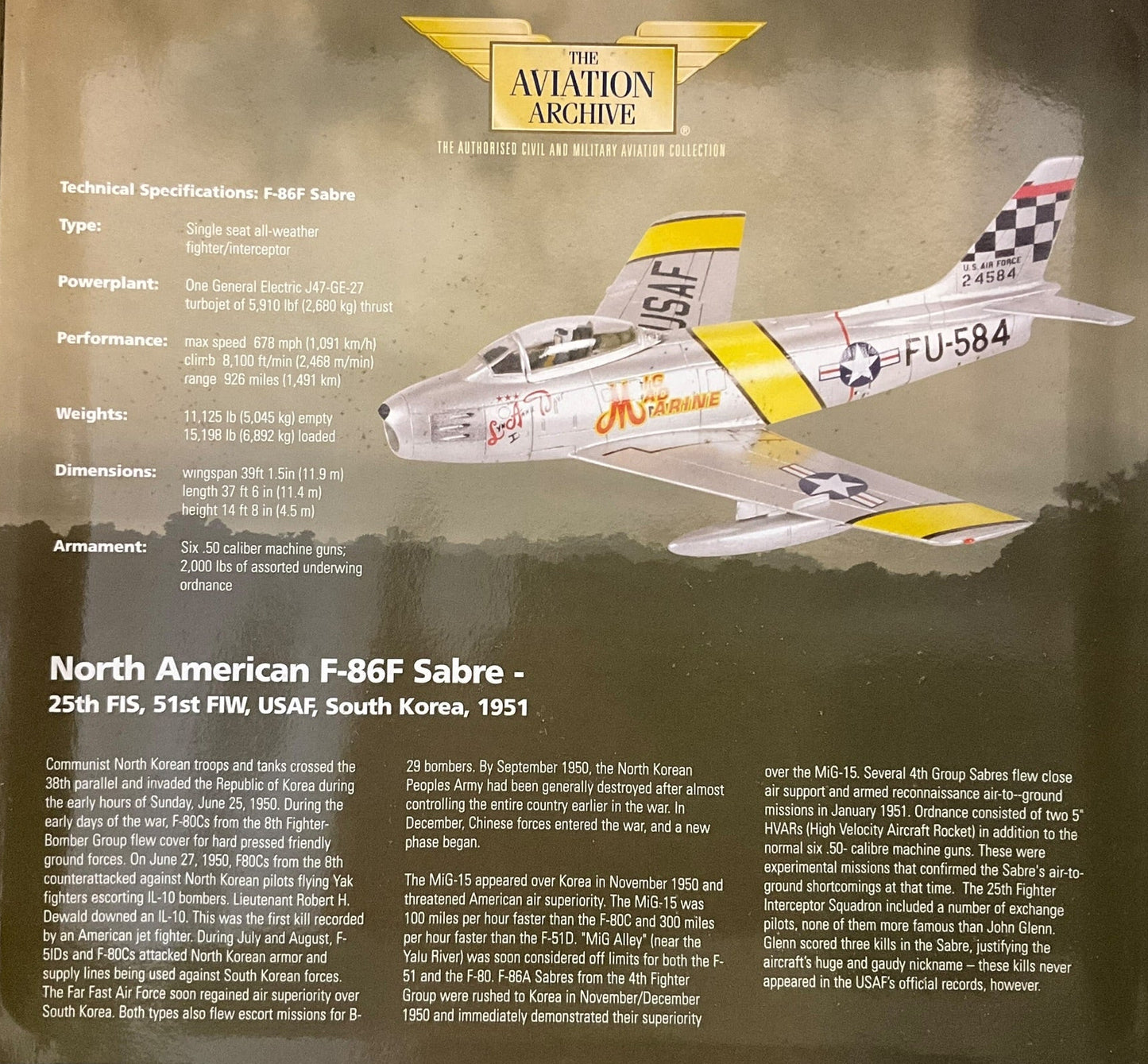 1/72 Corgi (AA35801) North American F86F Sabre (FU-584 c/n 24584) "MiG Mad Marine" "Lyn Anne I & Dave" flown by Maj. John Glenn, U.S.M.C. (3  Kills) South Korea 1951, 25th FS, 51st FW, U.S.A.F. (Limited Edition)