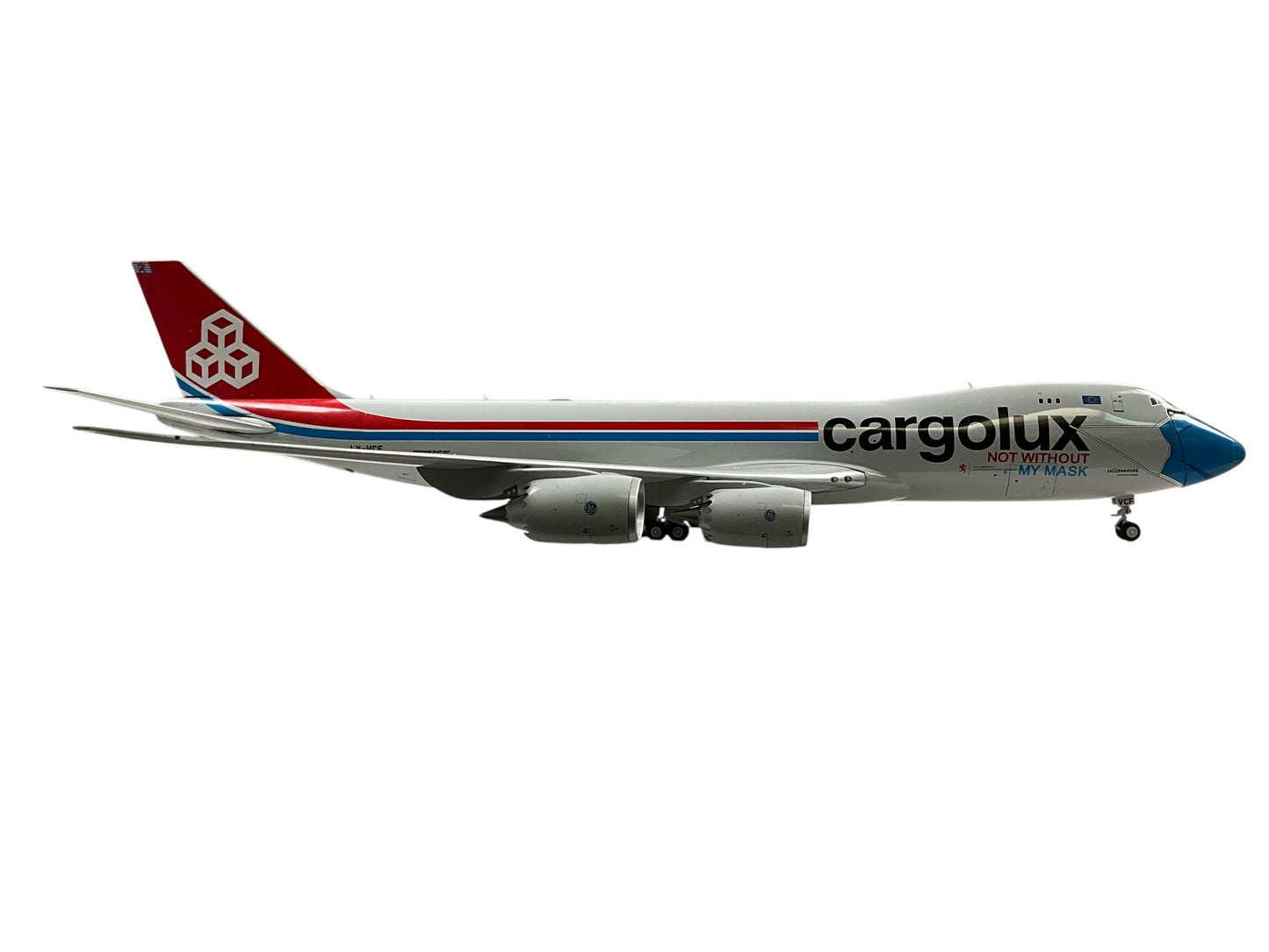 1/200 JC Wings (XX20079C) Boeing B747-8F (LX-VCF) "Not Without My Mask" (Interactive Series) Cargolux (Limited Edition) 2021 Release