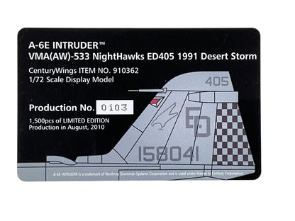 1/72 Century Wings (910362) Gumman A6E Intruder (158041) 1991 "Desert Storm" VMA(AW)-533 NightHawks ED405 U.S. Navy (Limited Edition #0103 of 1500) 2011 Release