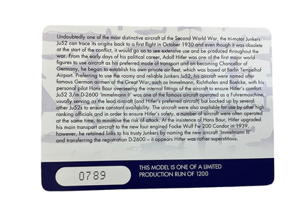 1/72 CORGI (AA36909) JUNKERS JU52-3Mfe (D-2600) * IMMELMANN-II * LUFTHANSA (2nd-LIVERY THIRD-REICH) * ADOLF HITLER'S PERSONAL TRANSPORT AIRCAFT * 1933-1945 (LIMITED EDITION #789 of ONLY 1200)