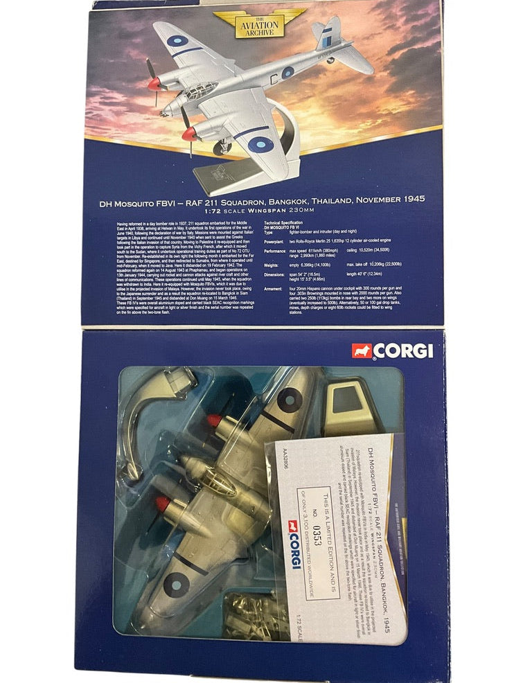 1/72 Corgi (AA32806) DeHavilland Mosquito FBVI (C / RF594) Bangkok, Thailand, Nov 1945, 211 Sqdn R.A.F. (Limited Edition #0353 of Only 3100)