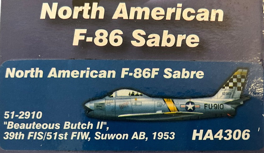 1/72 HobbyMaster (HA4306) North American F86F Sabre (c/n 51-2910) "Beauteous Butch II" flown by Joseph C. McConnell Jr. {TOP ACE with 16 Kills) Suwon AB, South Korea 1953, 39th FS, 51st FW, U.S.A.F. (Limited Edition of 1000)