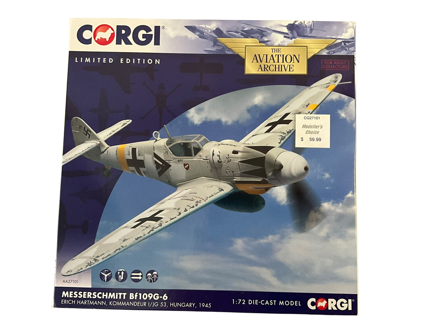 1/72 Corgi (AA27101) Messerschmitt Bf109G-6 White Winter Camo, flown by Erich Hartmann ("Ace of ALL Time" with 352 Kills) Hungary 1945, Kommandeur 1/JG53 Drittes Reich Luftwaffe (Limited Edition #1831 of Only 2000) 2013 Release