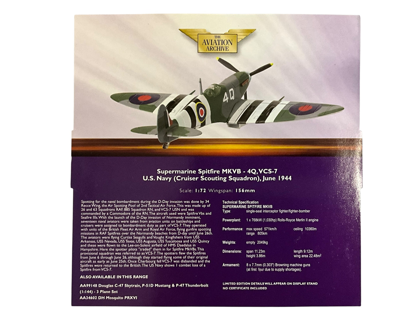 1/72 Corgi (AA31906) Supermarine Spitfire MK.VB (4Q) "D-Day 60th Anniversary" Normandy June 1944, VCS-7 (Cruiser Scouting Sqdn) U.S. Navy (Limited Edition #6147 of Only 7100) 2004 Release